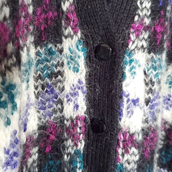 Vintage 80s Le Moda Cardigan Sweater M Black Purple Mohair Plaid Retro Preppy - Picture 4 of 6